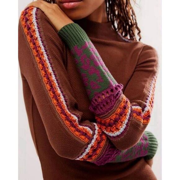 Free People Women’s Switch It Up Cuff Knit Boho Thermal Top Cocoa Brown L - Picture 1 of 6